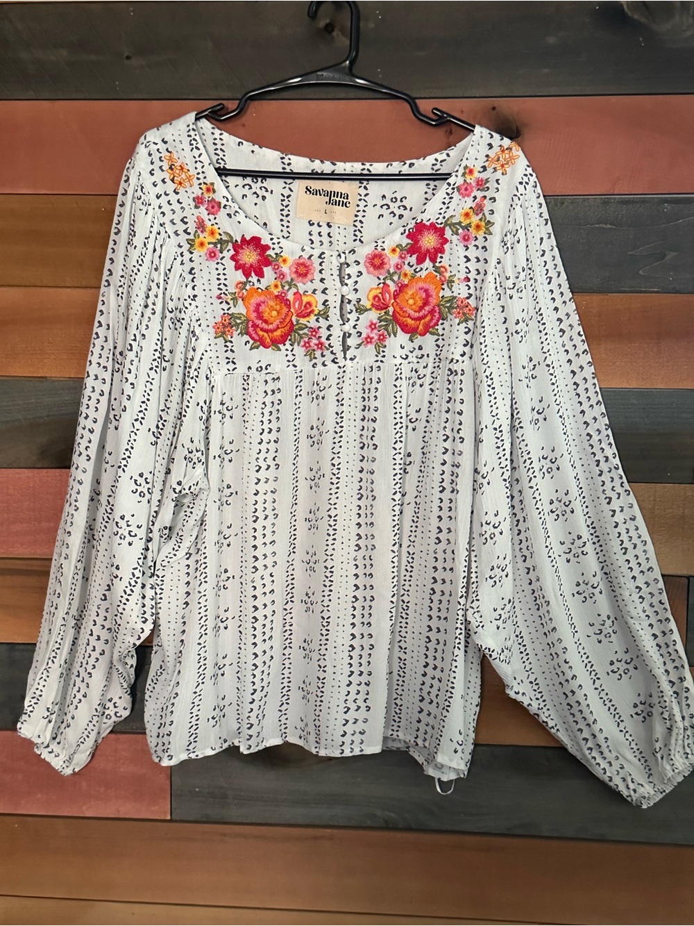 Savanna Jane boho peasant blouse featuring vibrant pink and orange